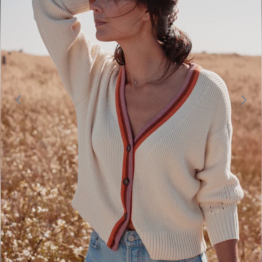 Marine Layer Robin Crop Cardigan in Ivory with Tipping Wool Blend Knit size XL